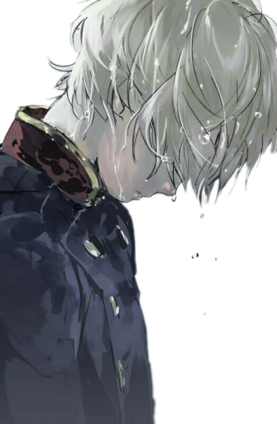 an anime boy with white hair and a black jacket