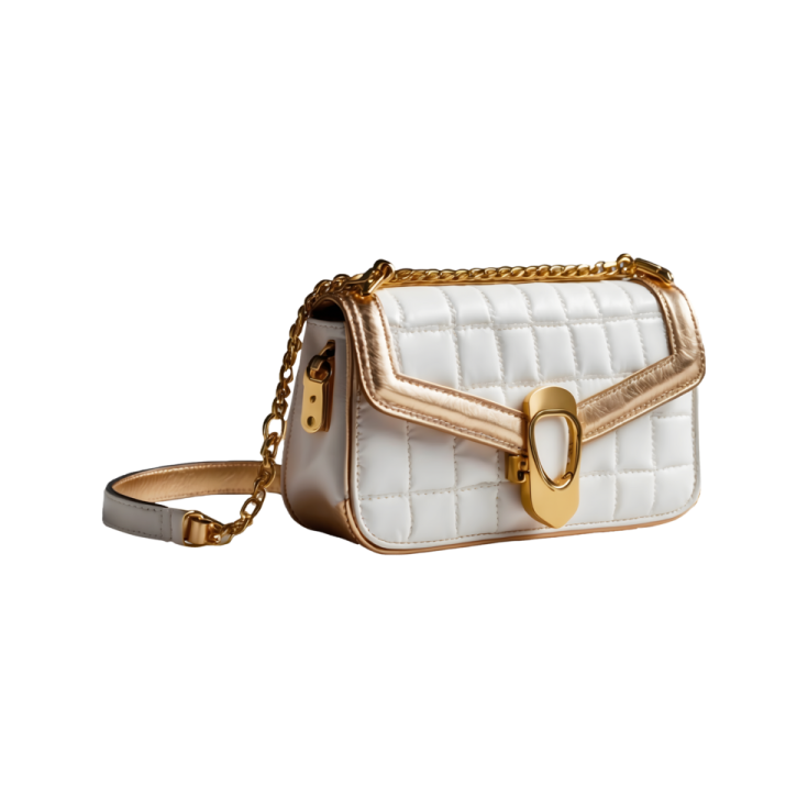 a white and gold cross body bag