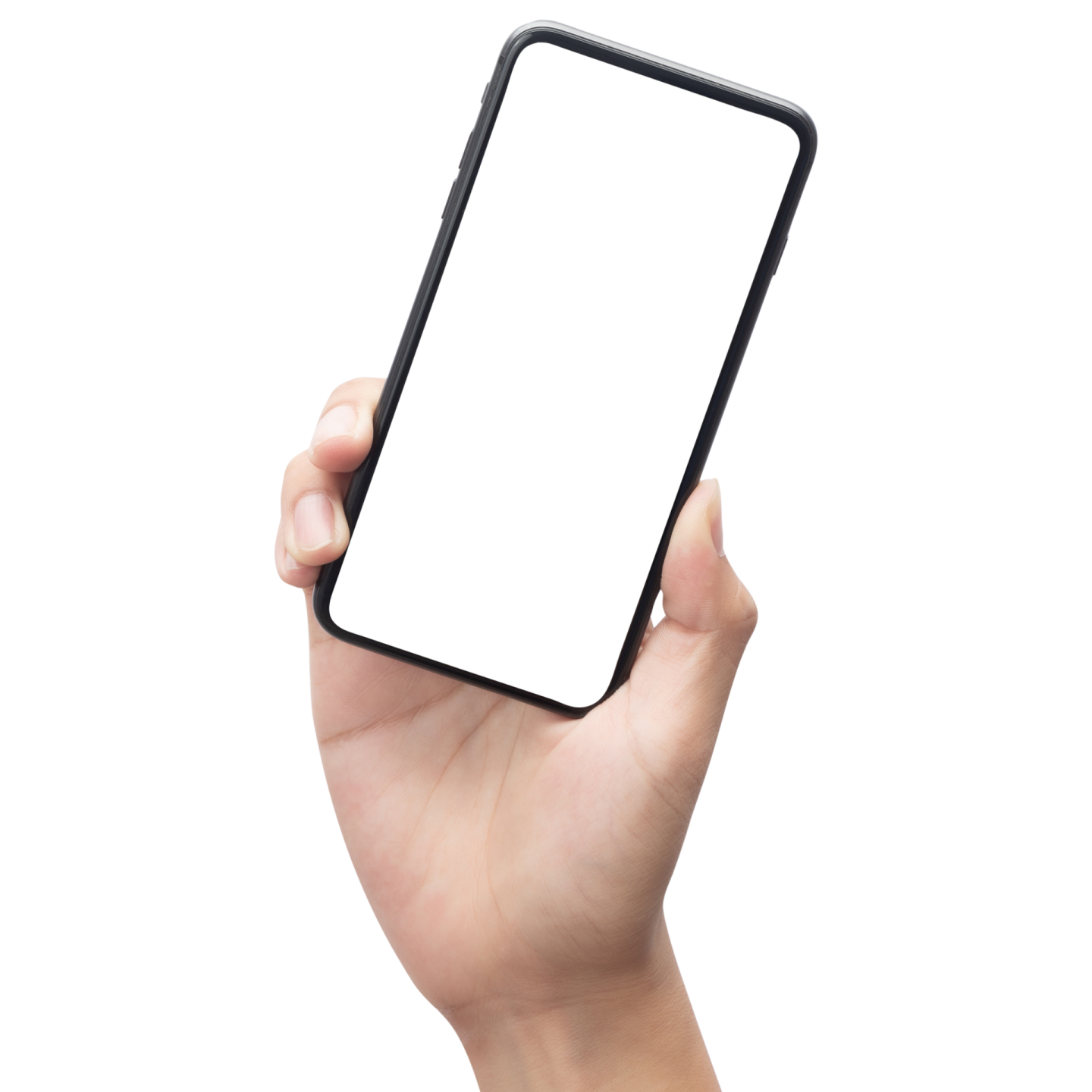 a hand holding an iphone with a blank screen