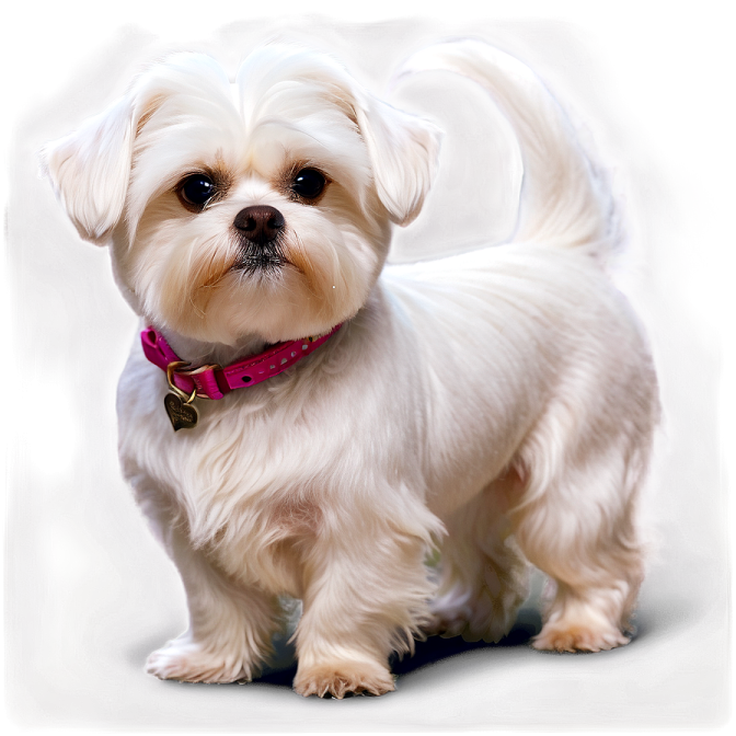 a small white dog with a red collar