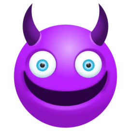 a purple ball with blue eyes and horns