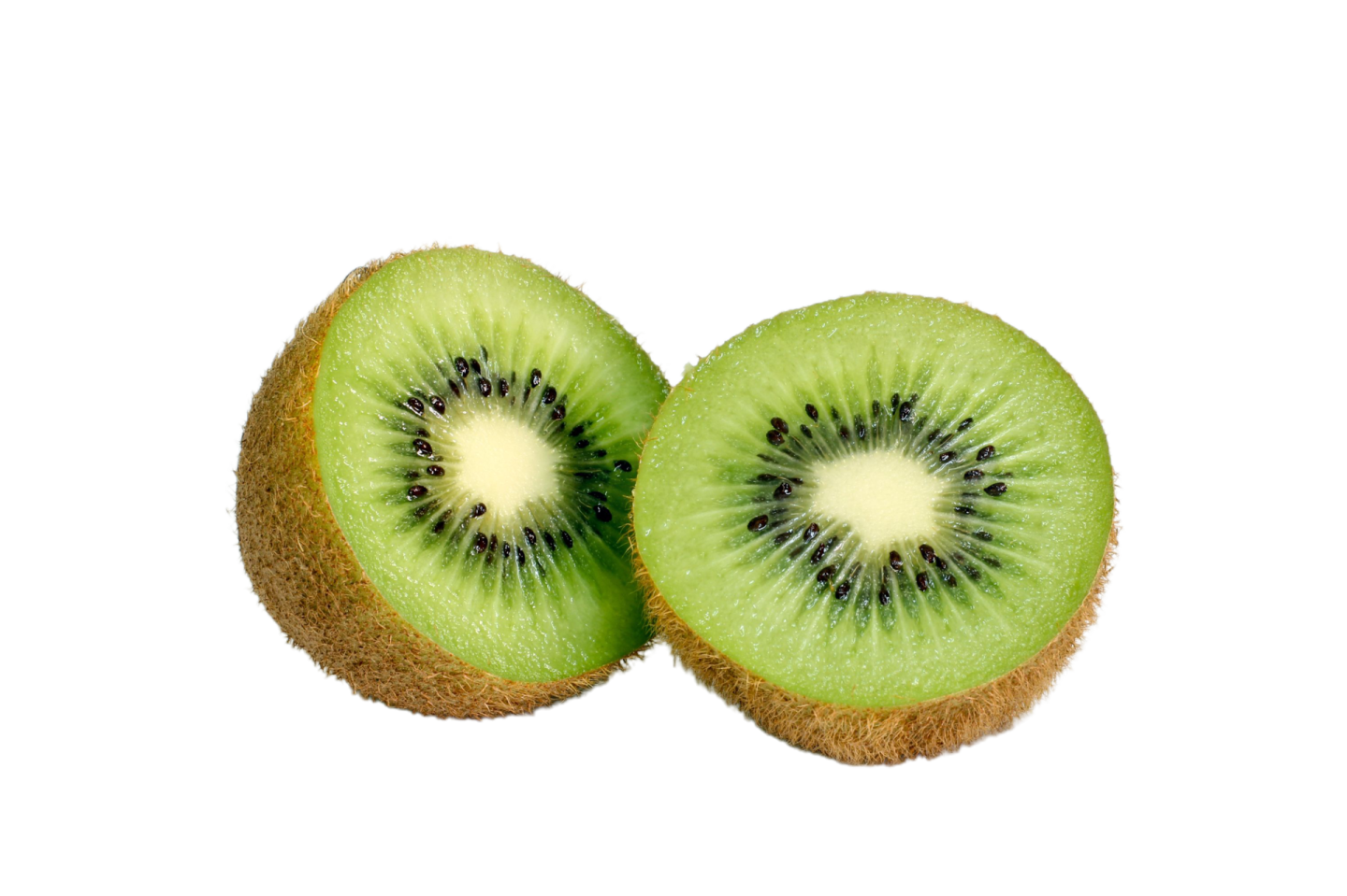 two kiwis cut in half on white background