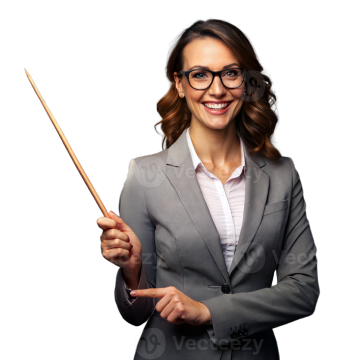 a woman in a business suit holding a pointer