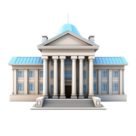 a white building with columns and a blue roof