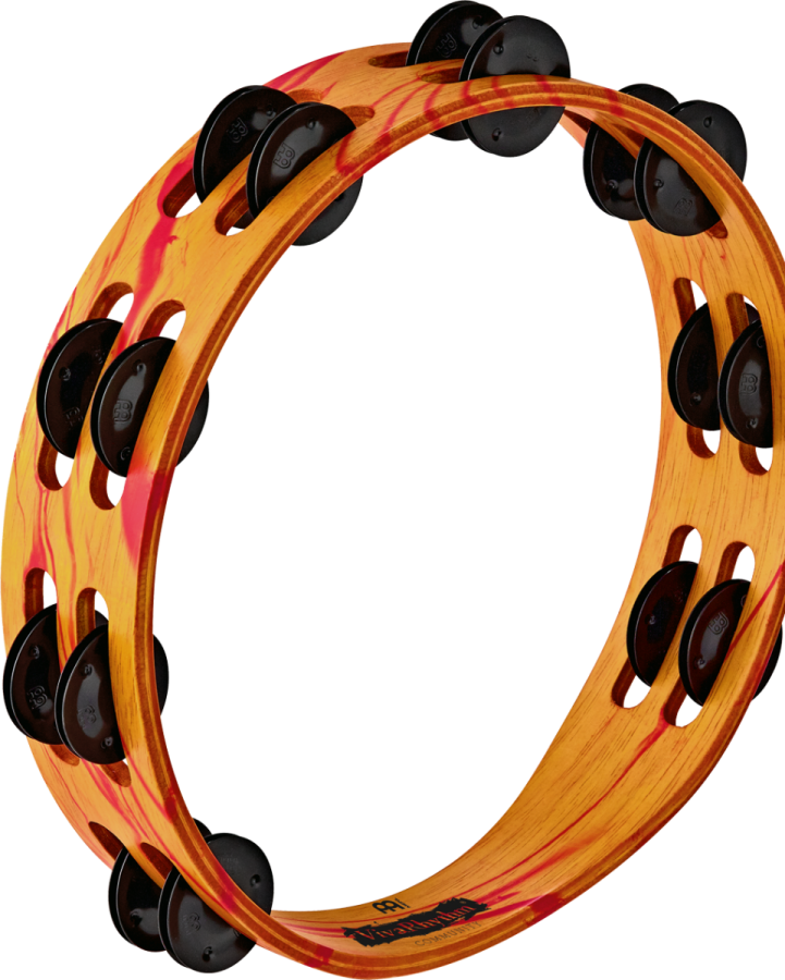 a close up of a wooden drum with red and black paint
