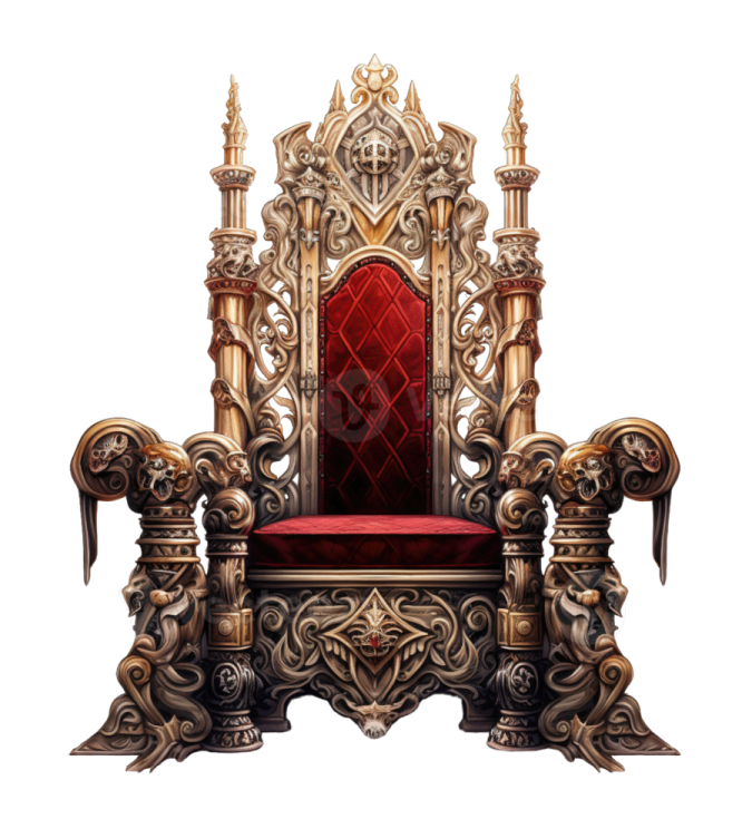 an ornate throne with a red velvet seat