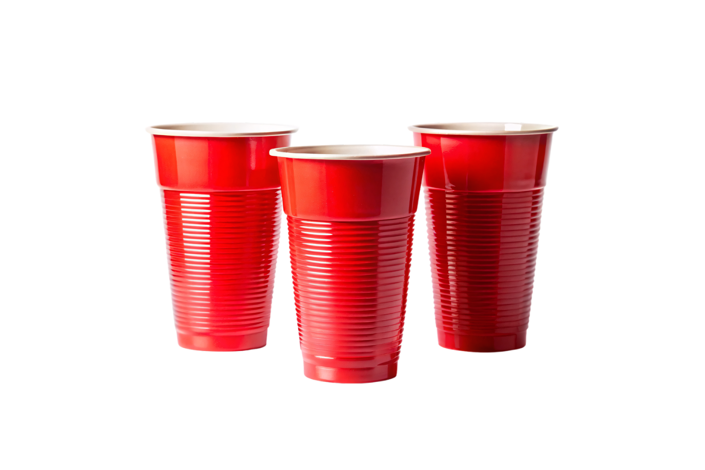 three red plastic cups on a white background