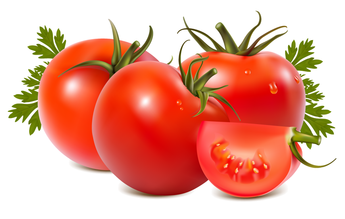 three tomatoes with green leaves on top
