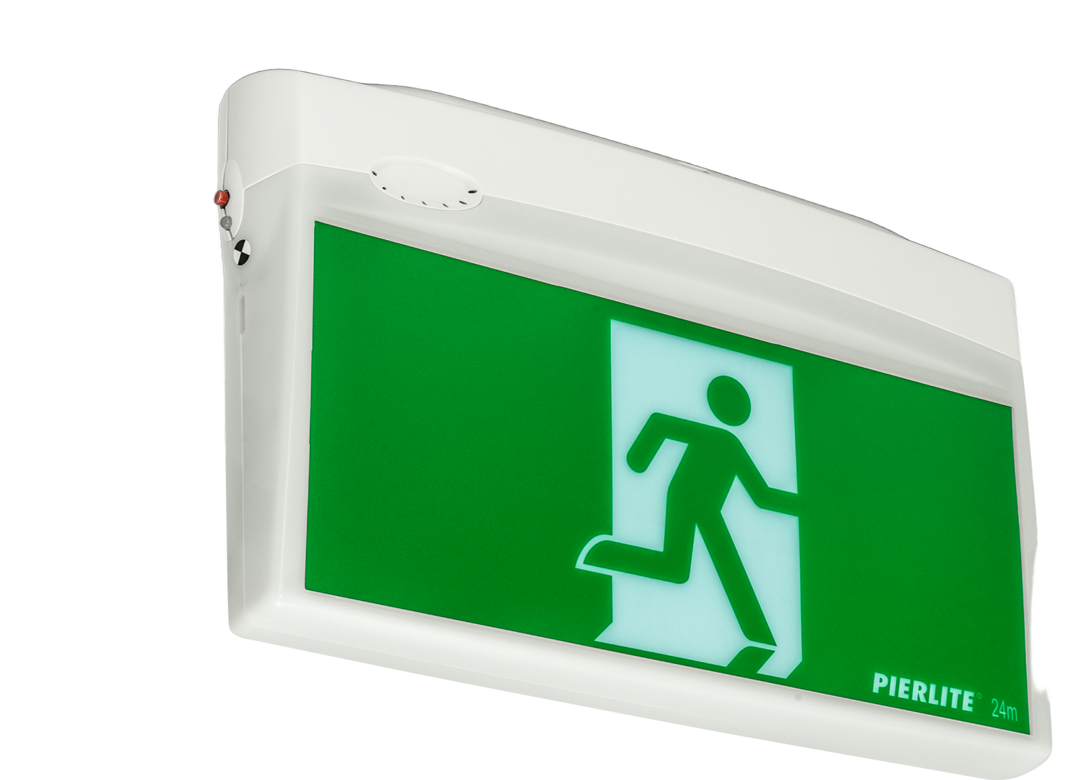 a green and white emergency exit sign