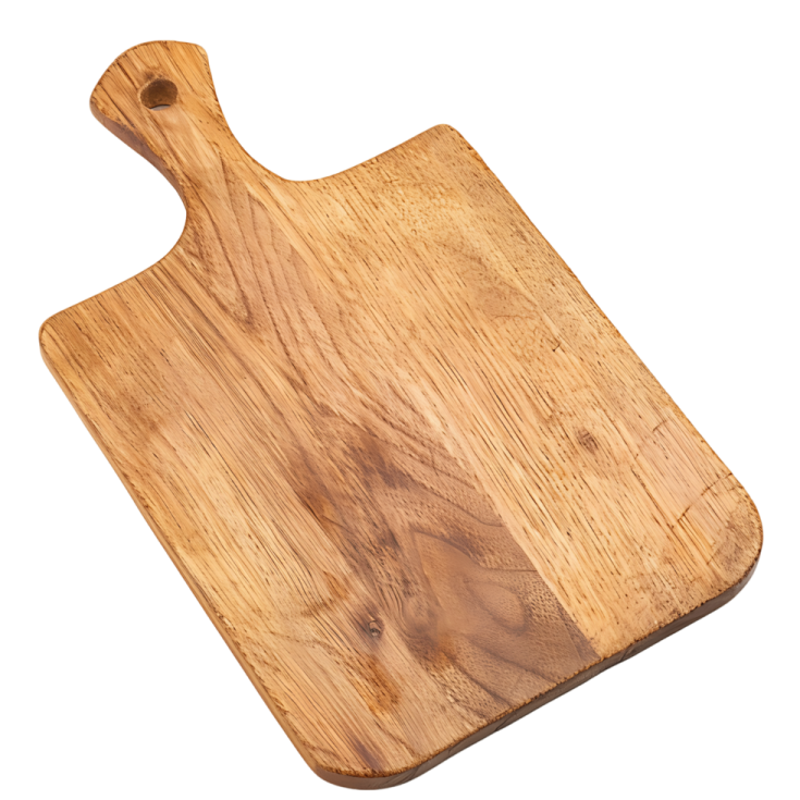 a wooden cutting board on a white background