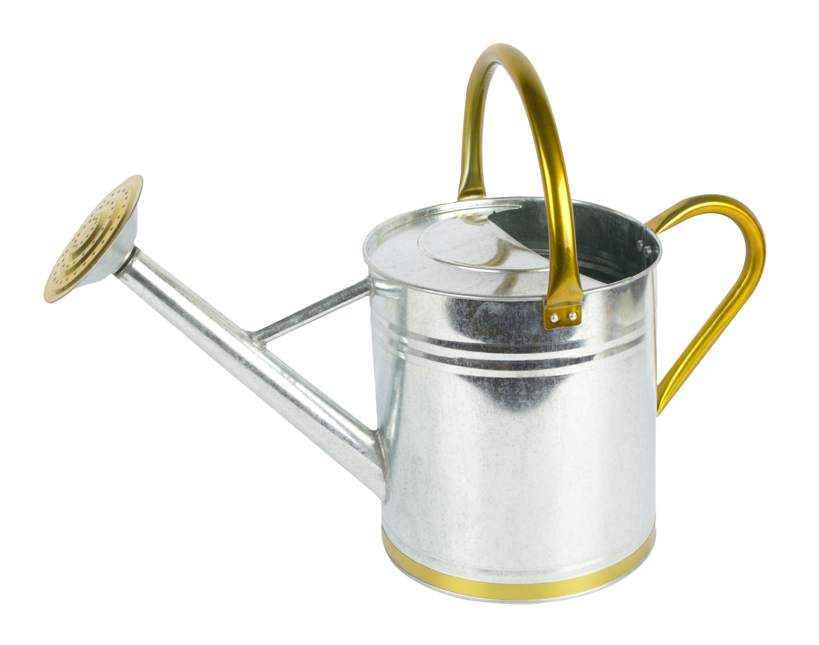 a metal watering can with a gold handle