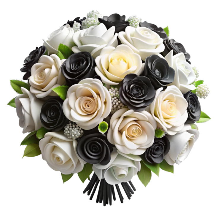 a bouquet of white and black roses