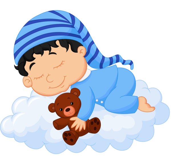 a baby sleeping on a cloud with a teddy bear
