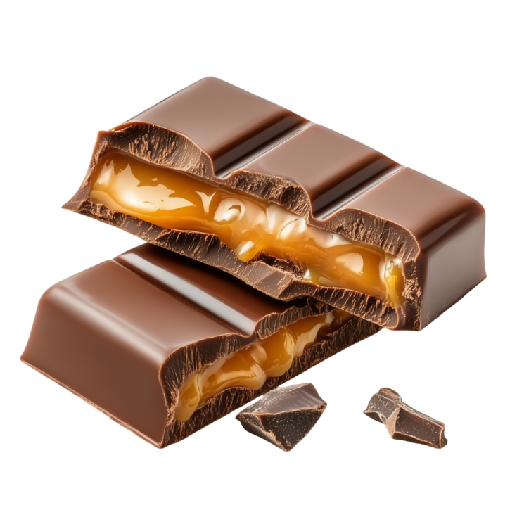 Two pieces of chocolate with cara on white background
