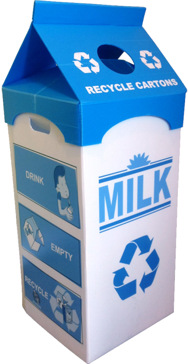 a blue and white recycling box
