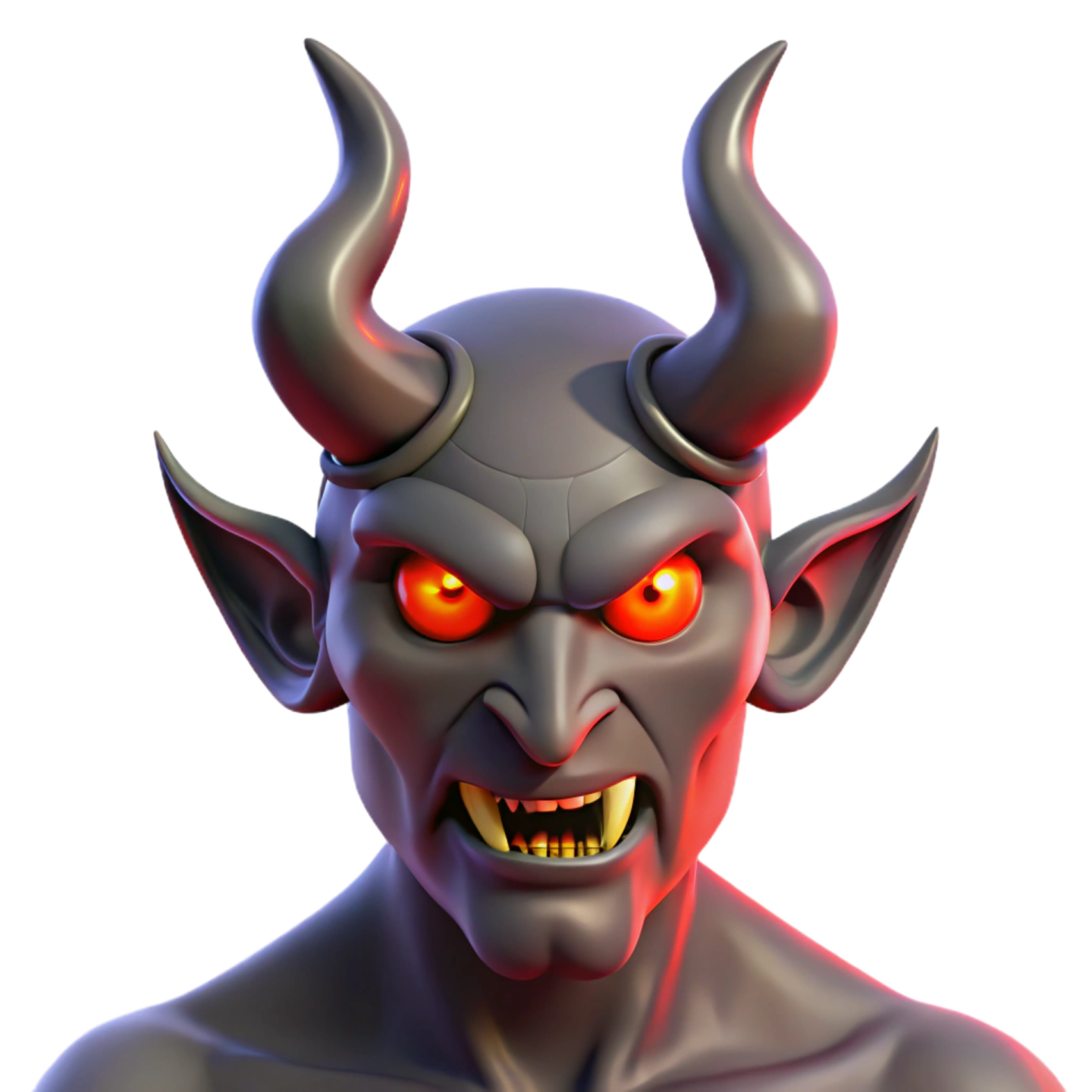 a demon head with red eyes and horns on a white background