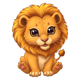 a cartoon lion sitting down and looking at the camera