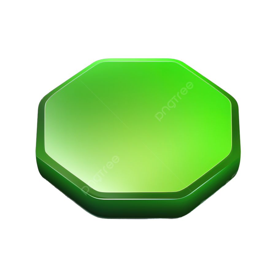 a green hexagon button on a white background