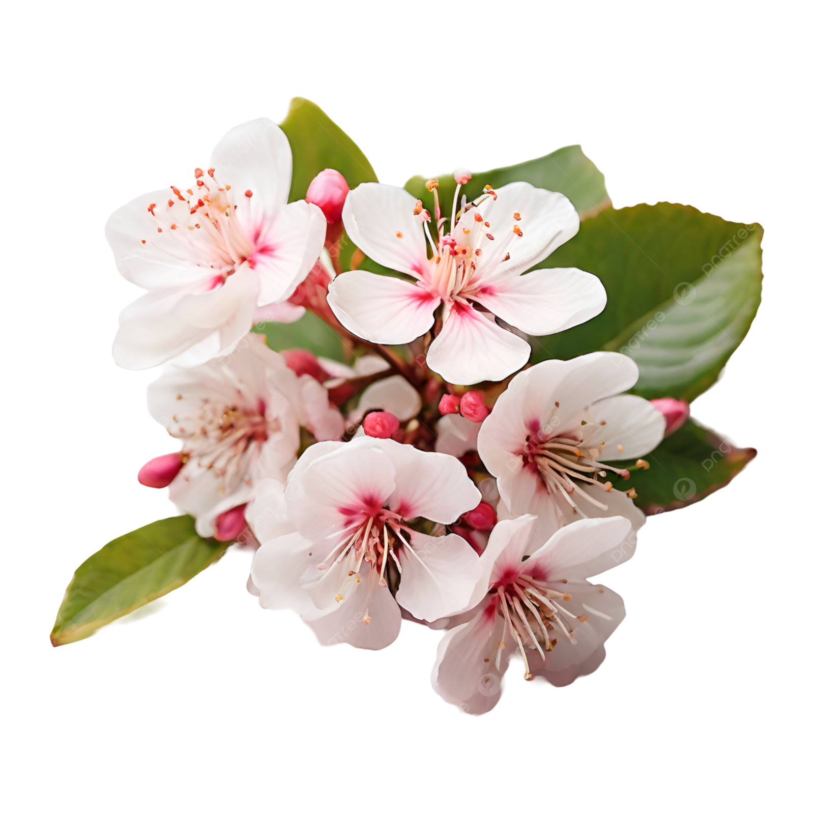 a bunch of white and pink flowers with green leaves