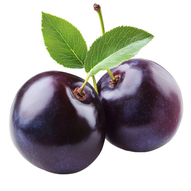 two plums with a green leaf on top