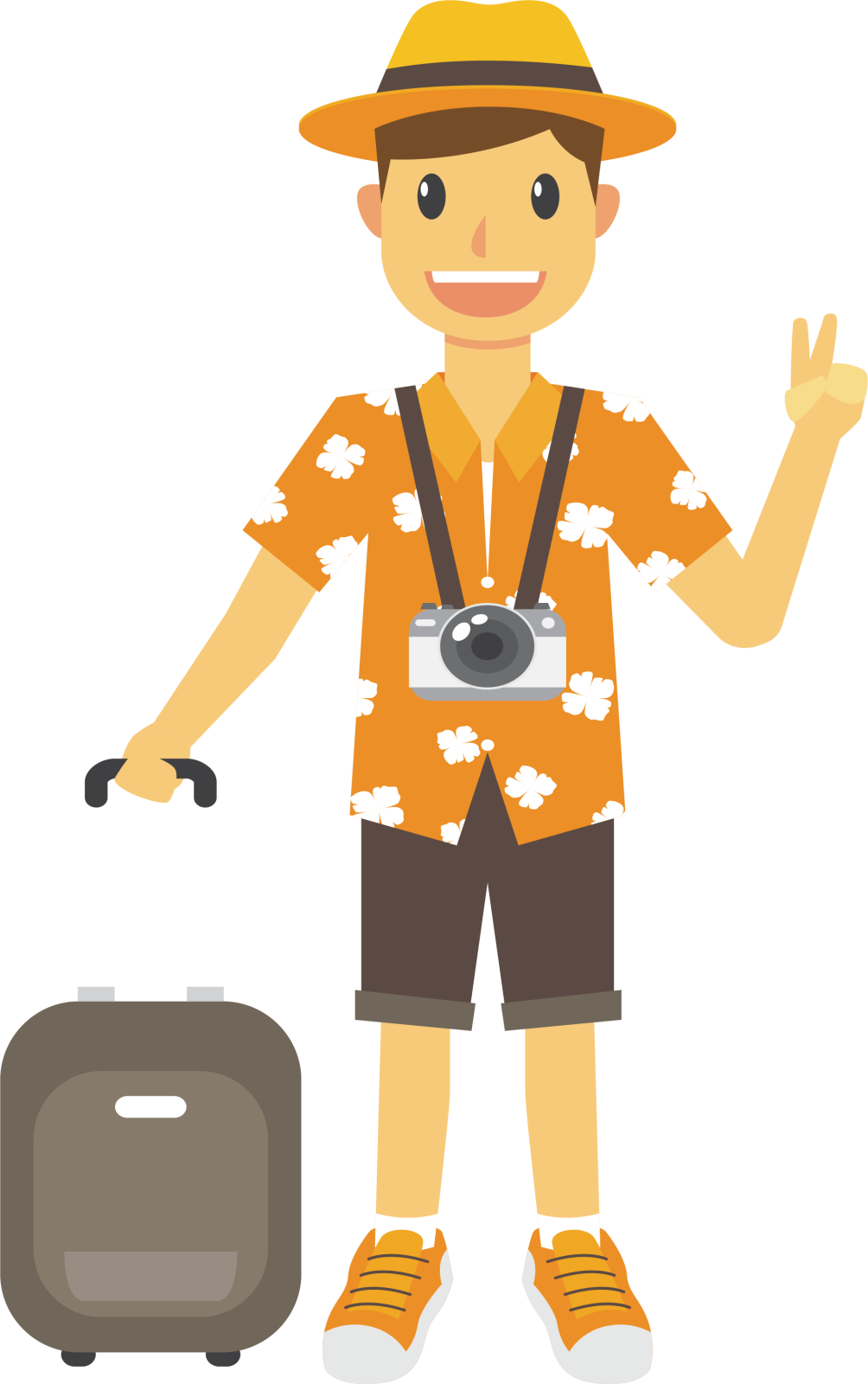 a man in an orange shirt and hat with a suitcase