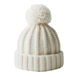 a white knit beanie hat with a pom