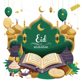 the eid mubara logo with a mosque in the background