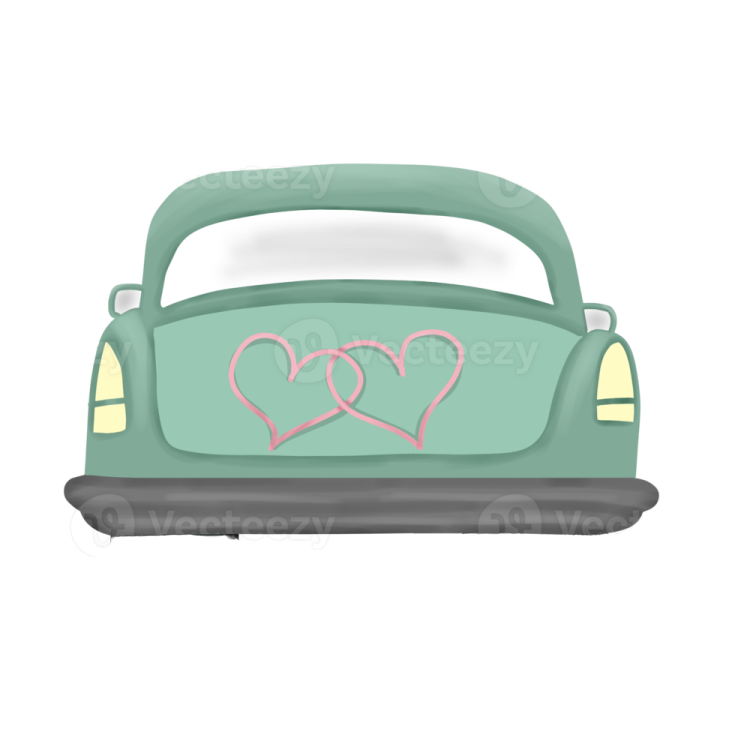 a green car with two hearts on the hood