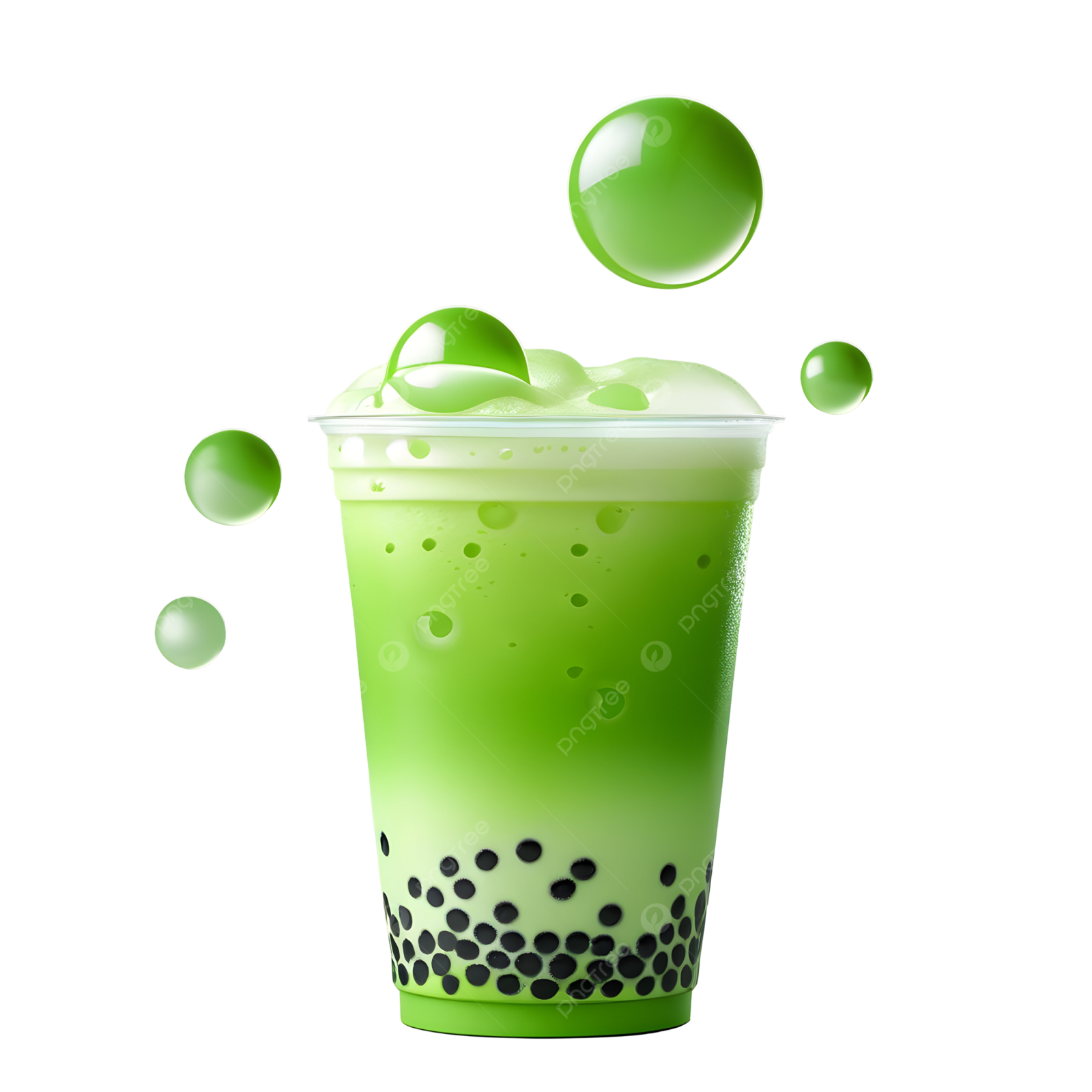 a green smooth drink with bubbles on a white background