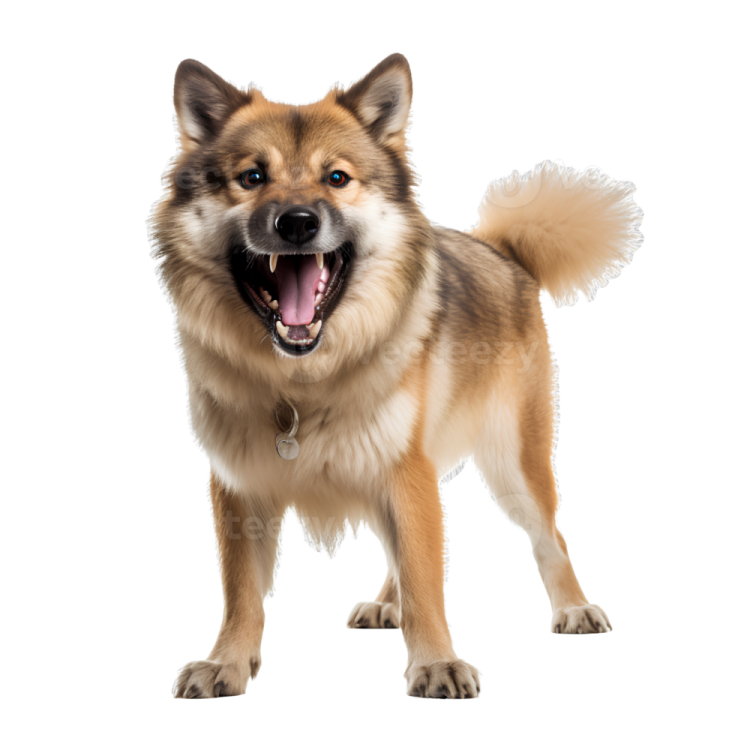 a brown and white dog with its mouth open