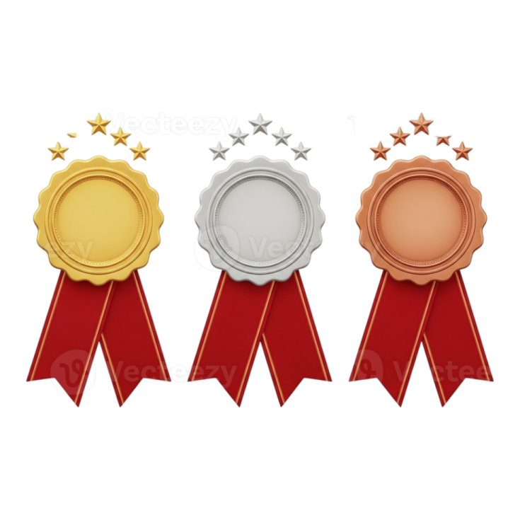 three gold, silver and bronze award ribbons