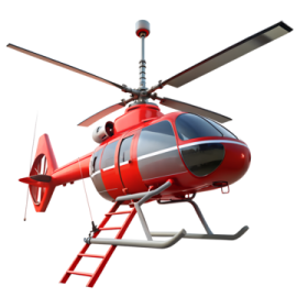 a red helicopter flying through the air