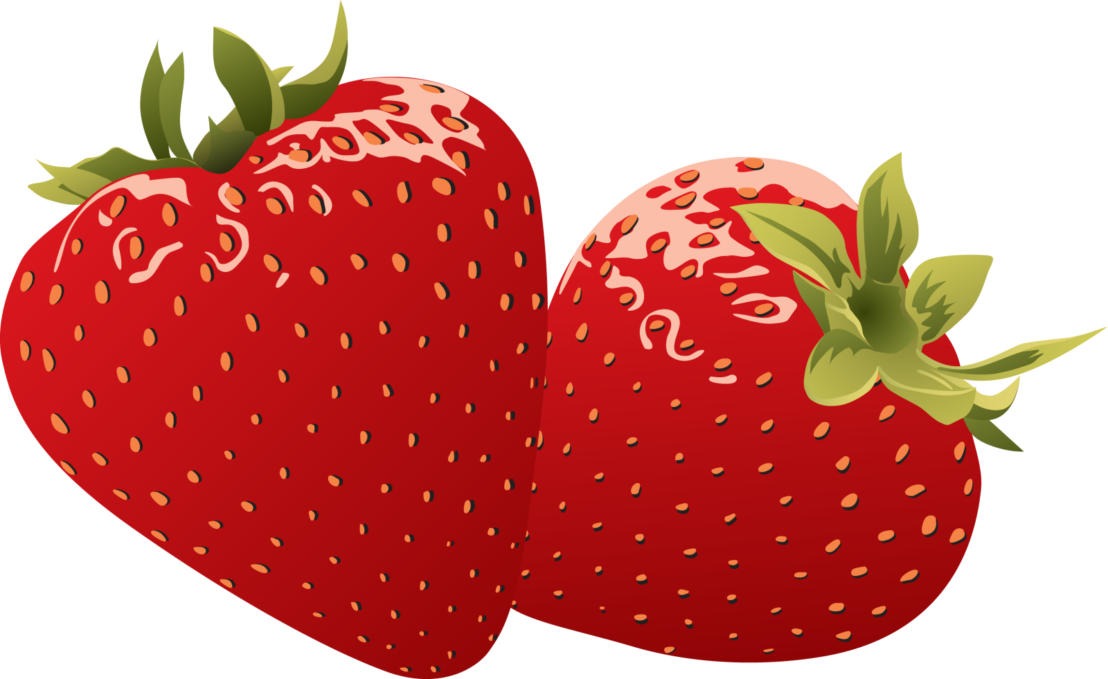 two red strawberries with green leaves