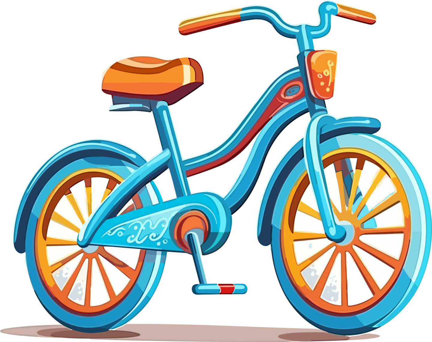 a blue bicycle with orange wheels