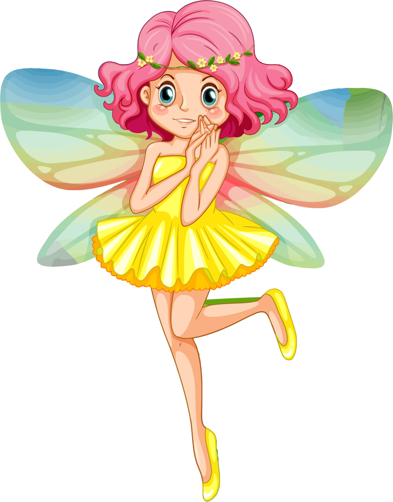 a fairy with pink hair and yellow dress