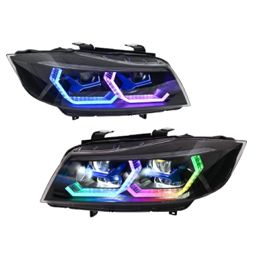 pair of headlights with colorful leds