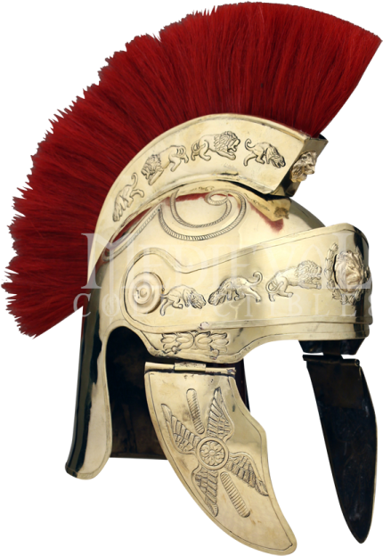 a roman helmet with red hair