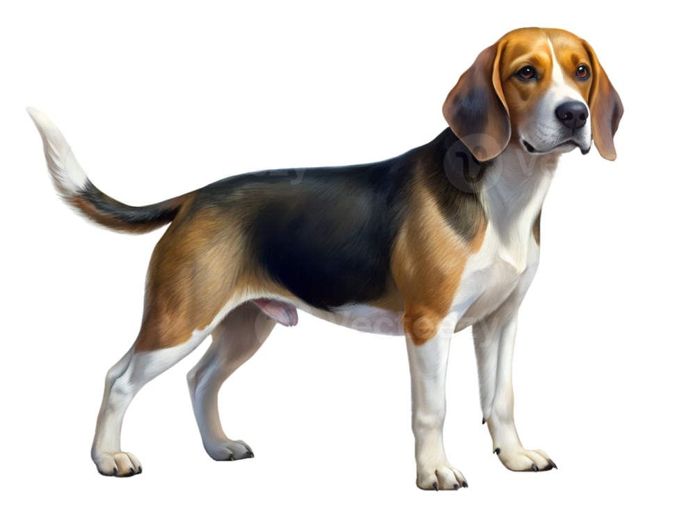 a brown and black dog standing on a white background