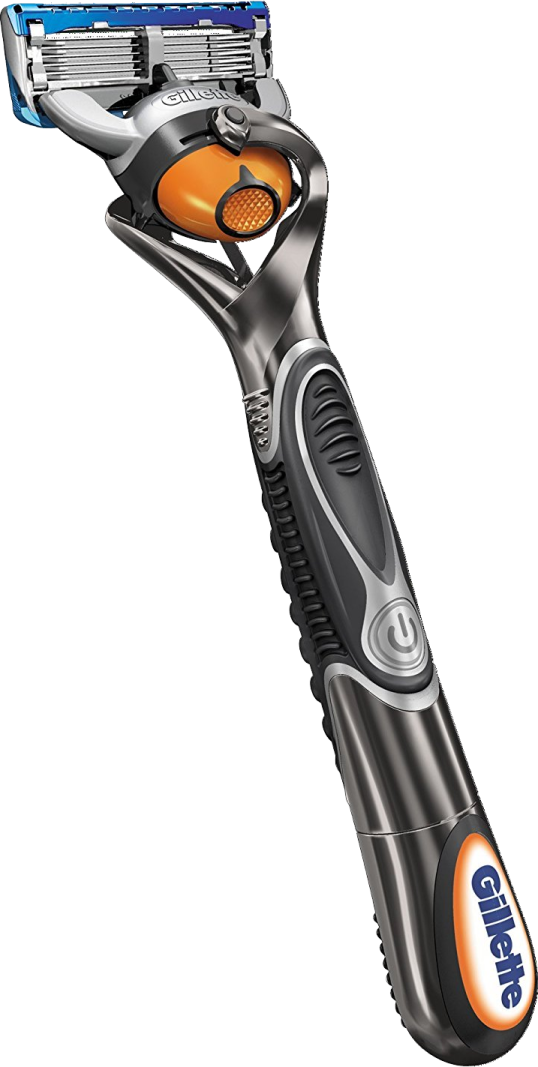 a razor with an orange and black handle