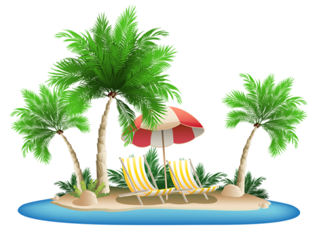 a tropical island with palm trees and beach chairs