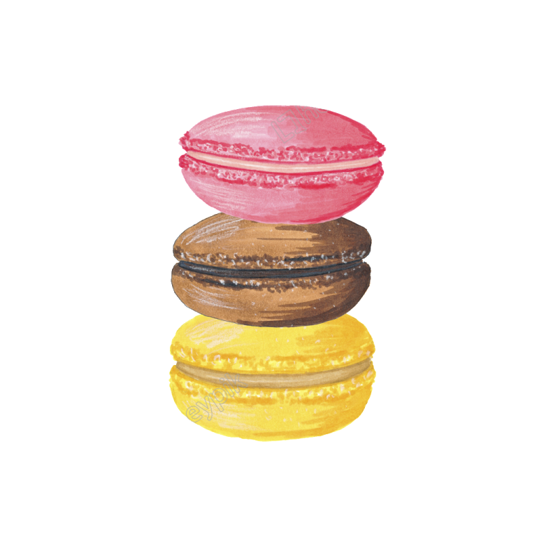 a watercolor painting of three macaroons