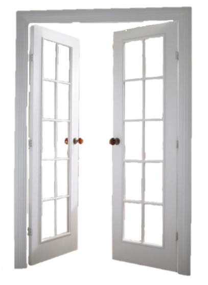 a white door with two open windows