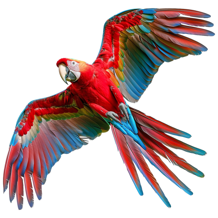 a red and green parrot flying through the air