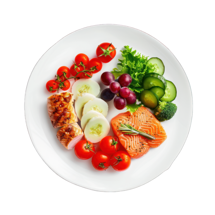 a plate of food with salmon, eggs and vegetables