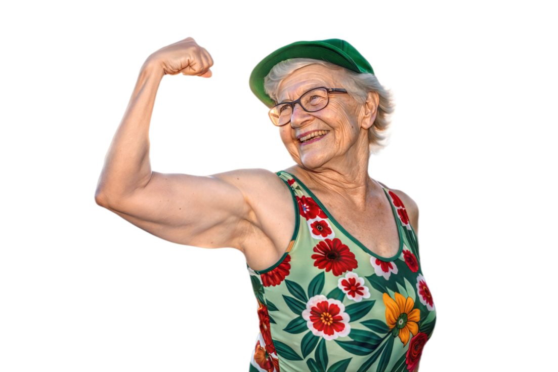 an older woman flexing her muscles