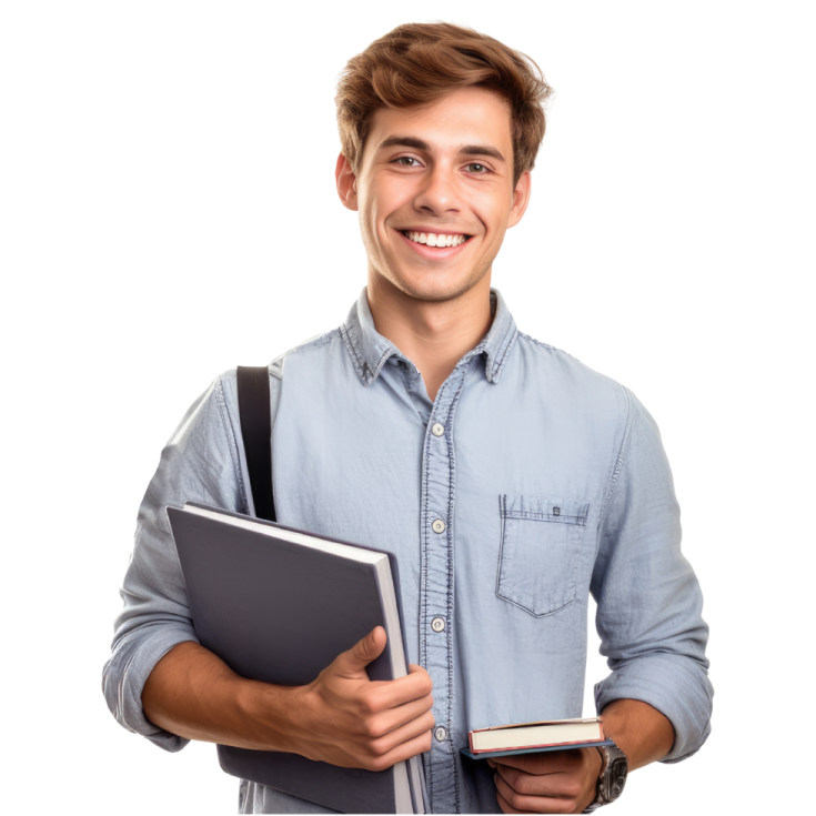 a young man holding a book and smiling at the camera