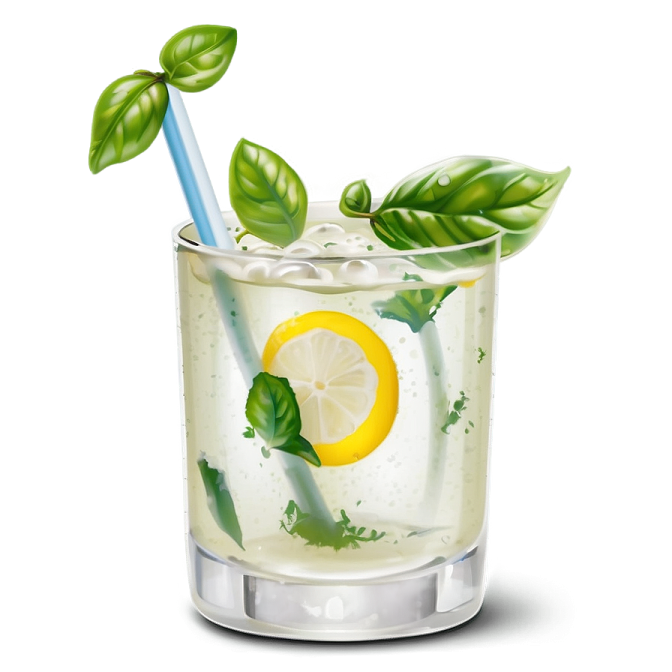 a glass filled with lemon and basil leaves
