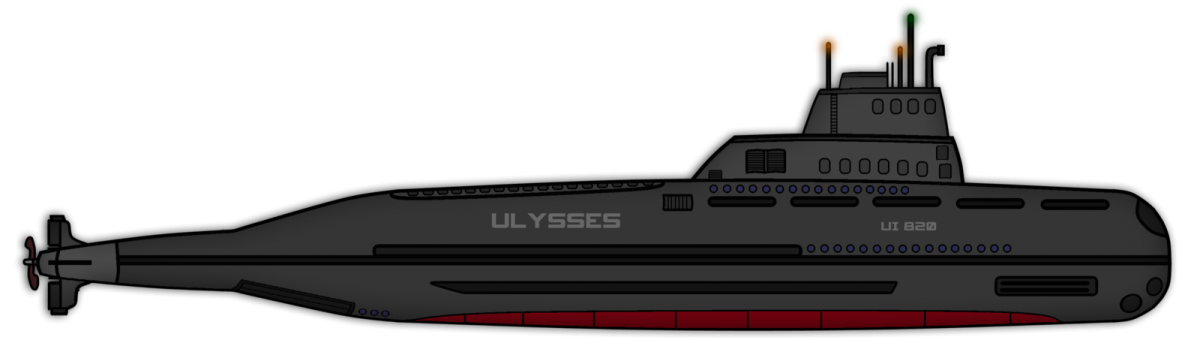 a black and red submarine on a white background