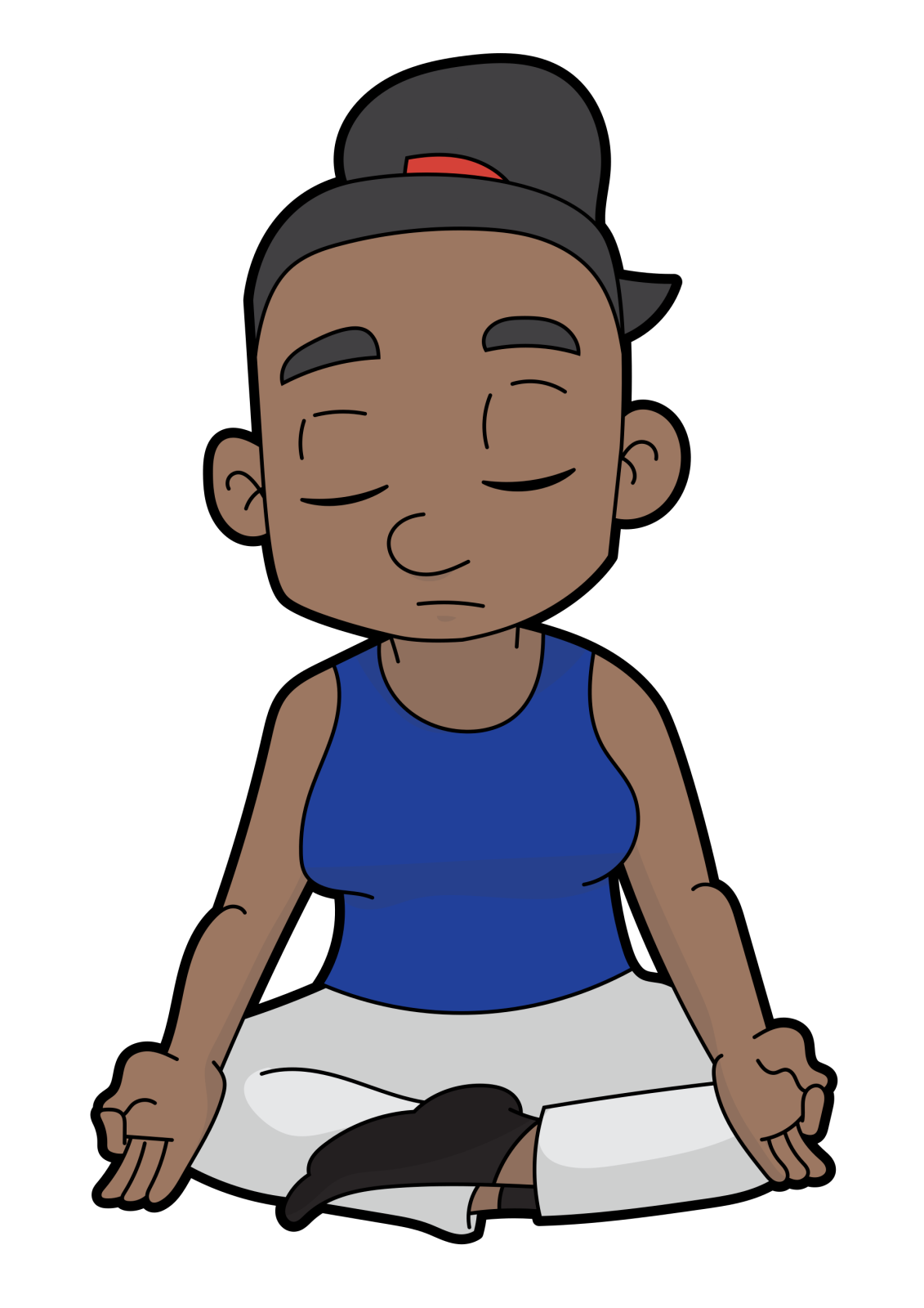 a black man in a blue shirt and white shorts sitting on the floor