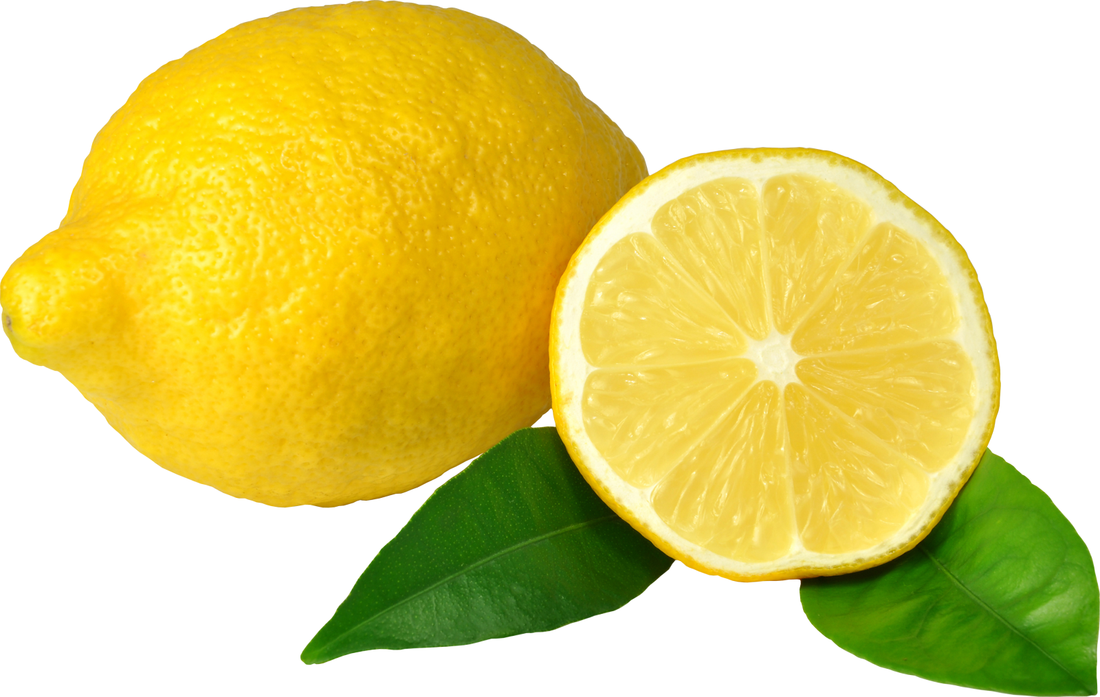 two lemons with leaves on a white background